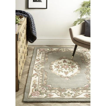 Shensi Traditional Floral Aubusson Medallion Border French-Style Hand-Carved Hi-Low Textured Soft Durable Wool Grey Rug-Origins-Rug Love - The Most Loved Rug Store